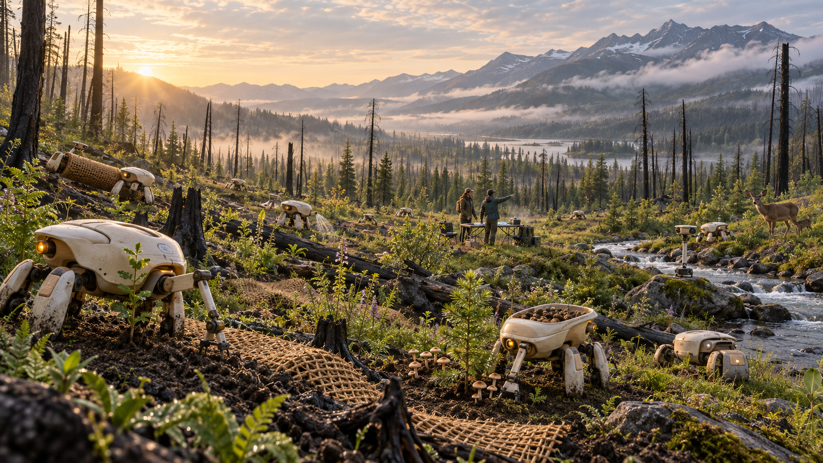 An imagined landscape where people and small field robots restore a burned forest together
